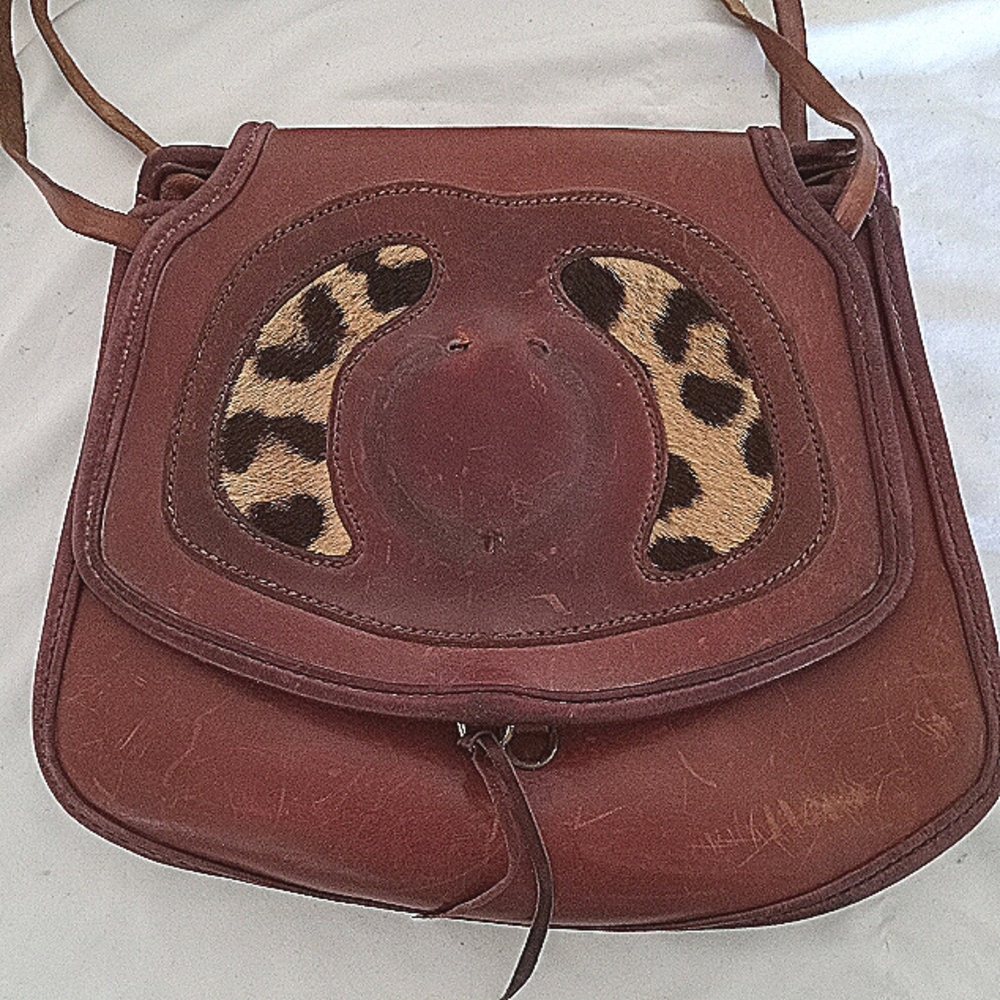 Hand made Brown Leather & Leopard skin Bag. Measures 11x12"